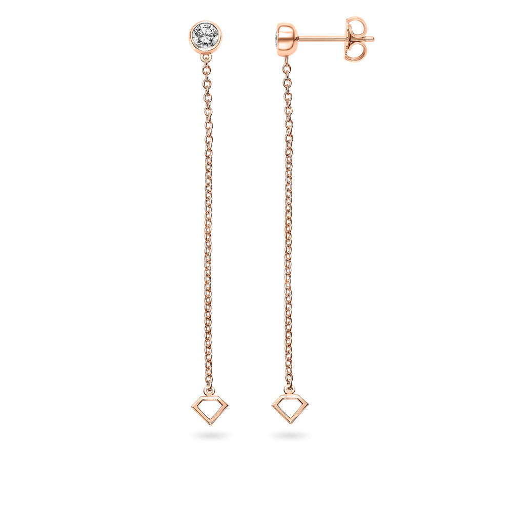 14K Rose Gold & Lab Created Diamond Bezel Stud Earrings with Chain Loop - Love Earth Jewelry