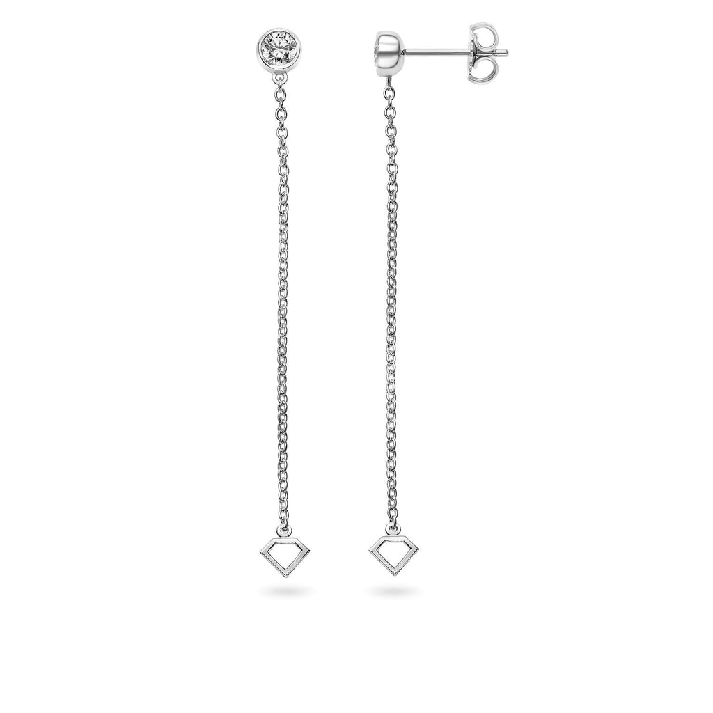 14K White Gold & Lab Created Diamond Bezel Stud Earrings with Chain Loop - Love Earth Jewelry