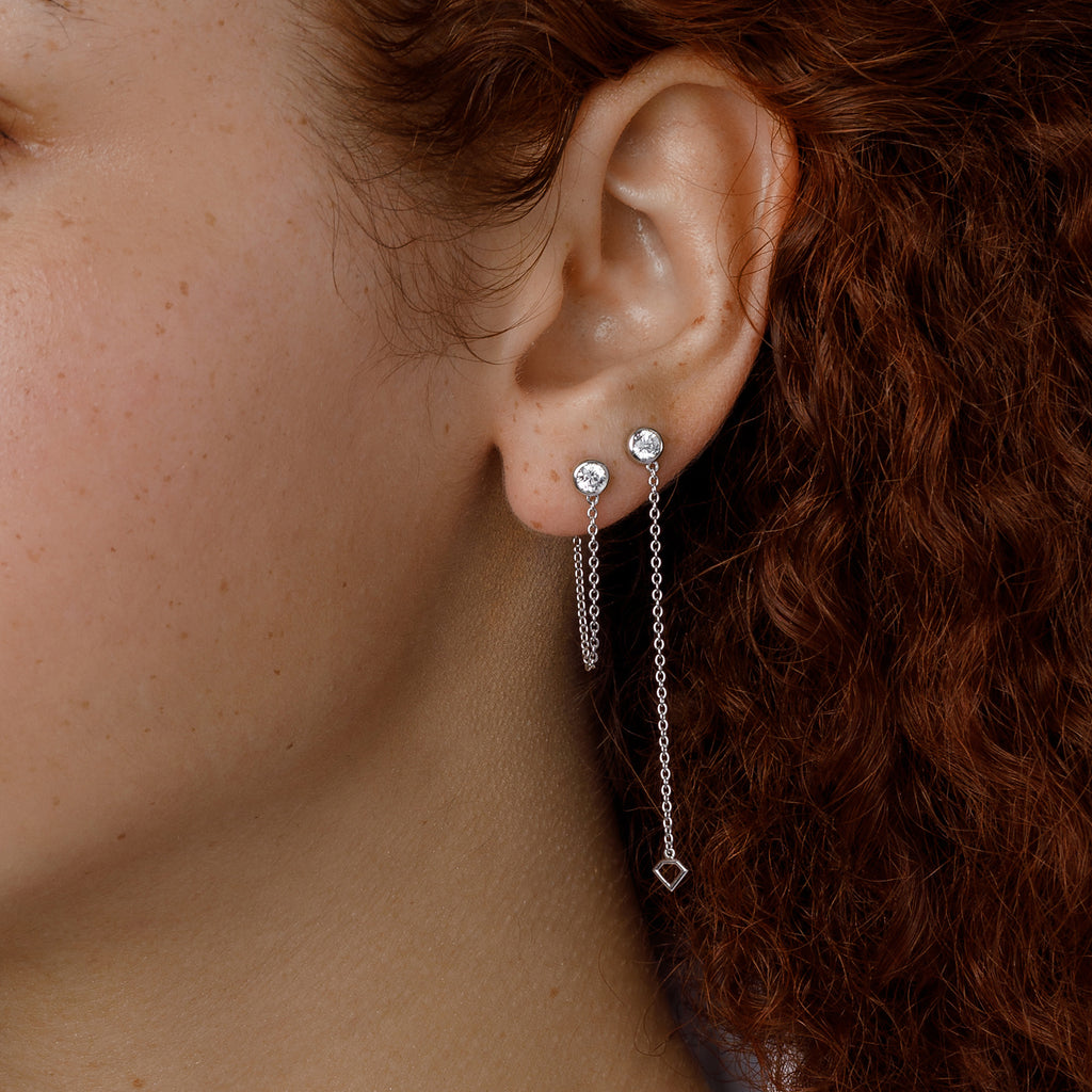 14K Gold & Lab Created Diamond Bezel Stud Earrings with Chain Loop - Love Earth Jewelry